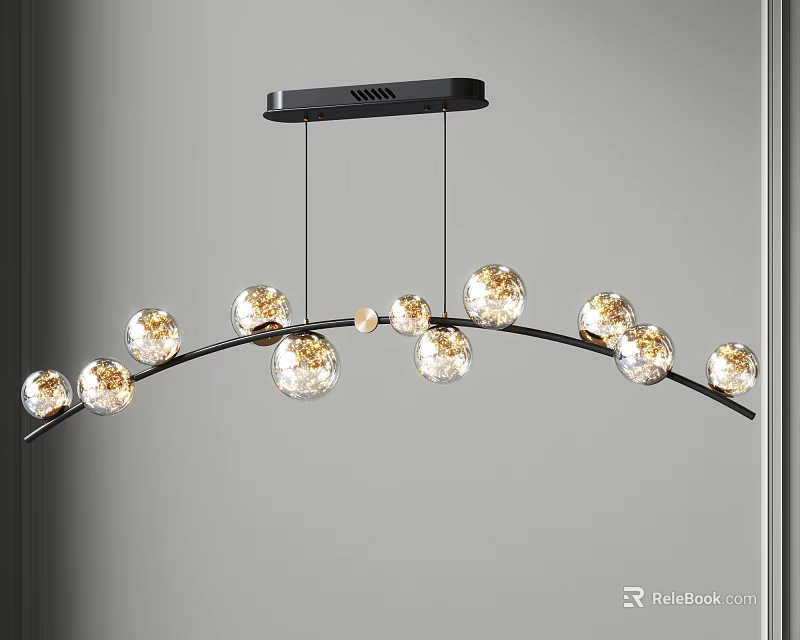 Modern Curved Chandelier With Black Frame And Transparent Gold Spherical Bulbs 3d model 