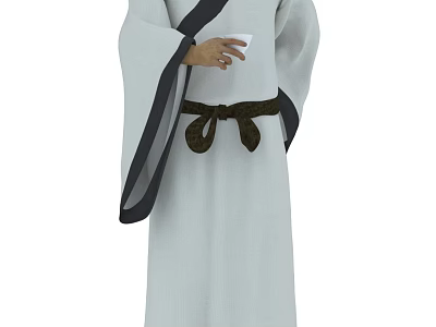 Man Dressed In Traditional White Long Robe With Black Belt Holding Cup 3d model