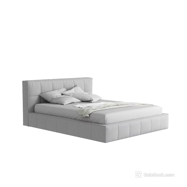 Modern Upholstered Double Bed With Soft Gray Headboard And Plush White Pillows 3d model