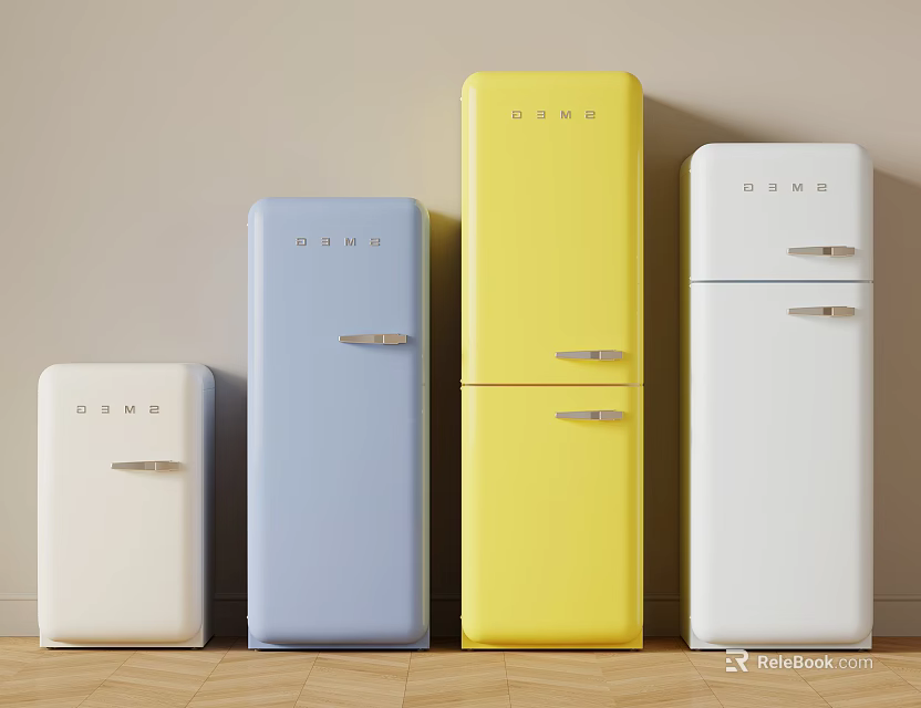 Retro Style Refrigerators In Pastel Colors And Sizes Against Beige Wall With Wooden Floor 3d model 