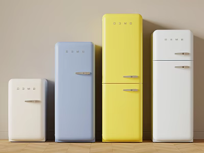 Retro Style Refrigerators In Pastel Colors And Sizes Against Beige Wall With Wooden Floor 3d model