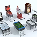 Indoor Amusement Equipment Collection Featuring Jukebox Air Hockey Foosball And Table Basketball Games
