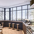 Modern Café Interior Design With Wooden Counter Coffee Machine Menu Board And Large Windows