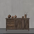 Rustic Wooden Decorative Cabinet With Clay Pots Small Jar And Vase Against Gray Wall