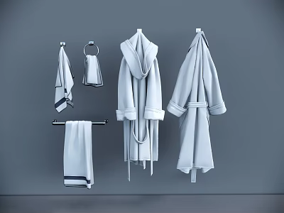 Cozy Bathrobes and Towels Hanging on Gray Background with Towel Ring Bar and Striped Details 3d model