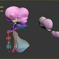 Pink Haired Character In Blue Dress Holding Green Umbrella With Floating Pink Cloud Creatures