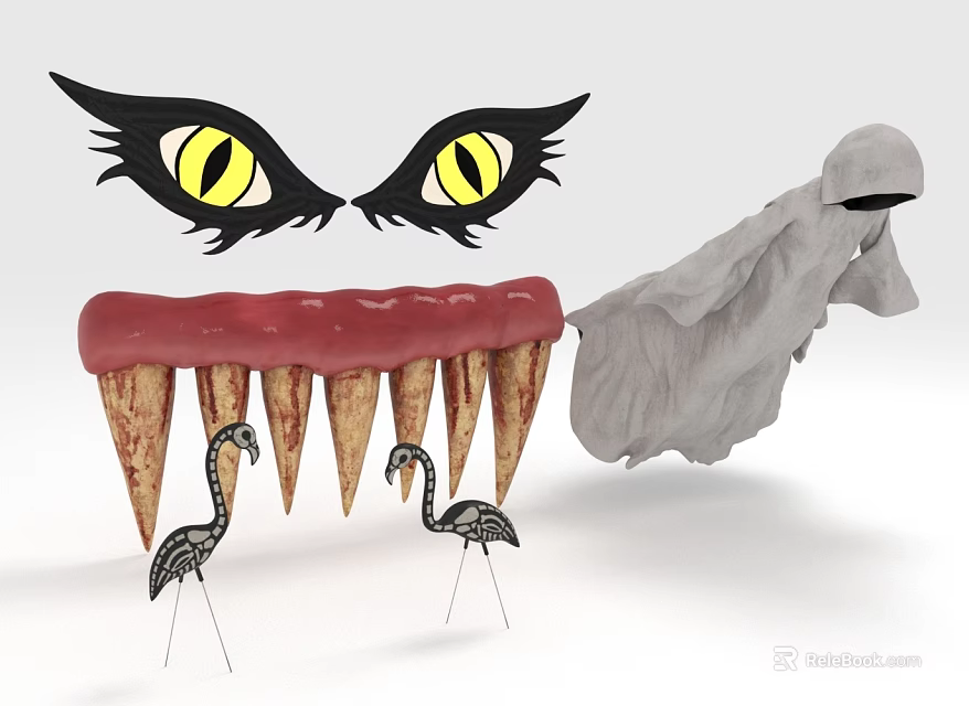 Decorative Ornament Set With Cat Eyes Sharp Teeth Lips Ghost And Flamingos 3d model 