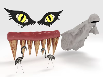 Decorative Ornament Set With Cat Eyes Sharp Teeth Lips Ghost And Flamingos 3d model