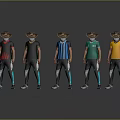 Five Men Wearing Cowboy Hats With Various Colored Shirts And Black Blue Striped Pants