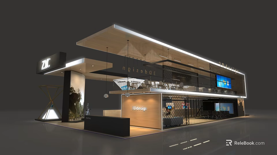 Modern Exhibition Booth With ZKL ORANGE Brand Logo Reception Counter Lighting And Display Screen 3d model 