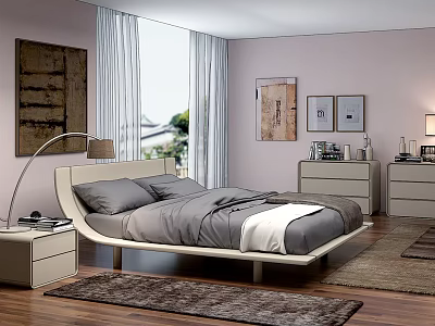 Modern Double Bed With Gray Bedding White Nightstands Floor Lamp And Wall Art 3d model