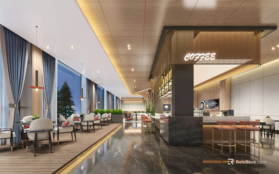 Modern Reception Desk Interior With Wooden Accents Marble Countertop Bar Area And Comfortable Seating 3d model 