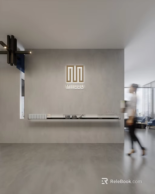Modern Minimalist Sofa Background Wall With Gray Surface Long Shelf And MILLU Logo 3d model 