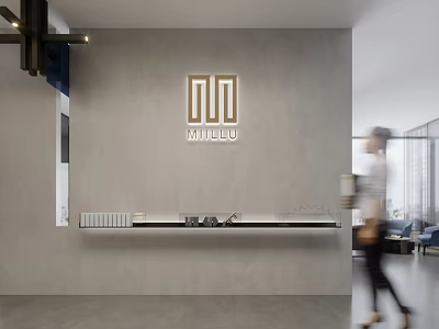 Modern Minimalist Sofa Background Wall With Gray Surface Long Shelf And MILLU Logo 3d model