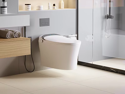 Modern Bathroom Interior Featuring Wall Mounted White Ceramic Toilet With Washbasin And Glass Shower 3d model