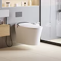 Modern Bathroom Interior Featuring Wall Mounted White Ceramic Toilet With Washbasin And Glass Shower