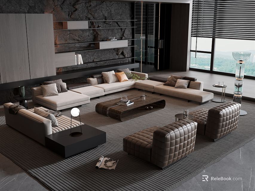 Modern Living Room Sofa And Coffee Table Set With Multiple Cushions And Wooden Top Design 3d model 