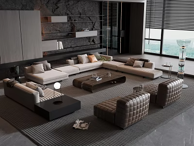 Modern Living Room Sofa And Coffee Table Set With Multiple Cushions And Wooden Top Design 3d model