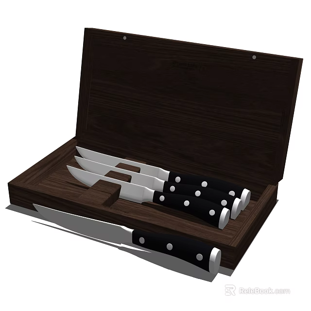 Kitchen Knife Set In Wooden Box With Black Handles And White Dots Design 3d model 