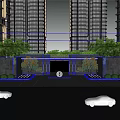 Modern Residential Landscape With High Rise Buildings Entrance Circular Ornament Trees And Lighting