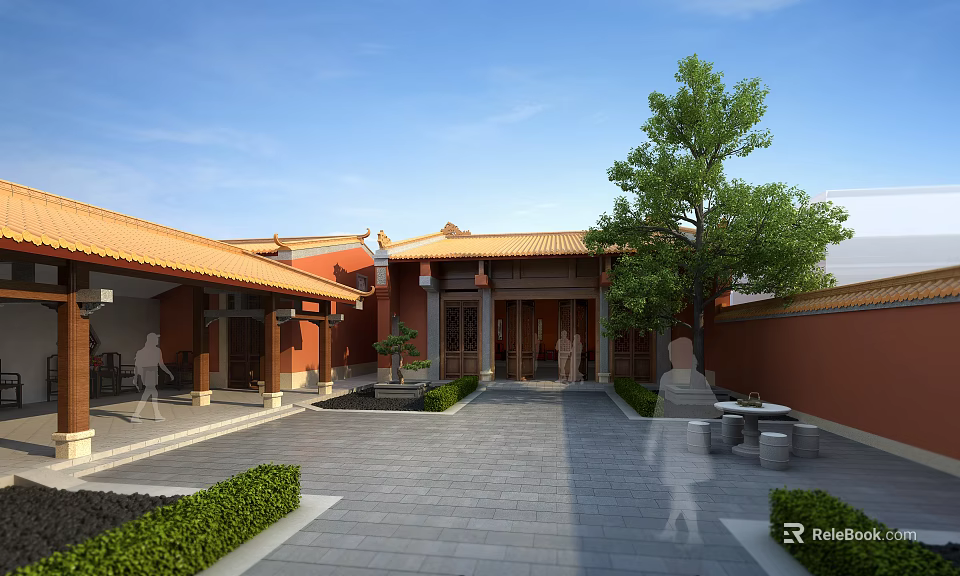 Ancient Chinese Architecture Courtyard With Yellow Tiled Roofs Red Walls And Stone Furnishings 3d model 