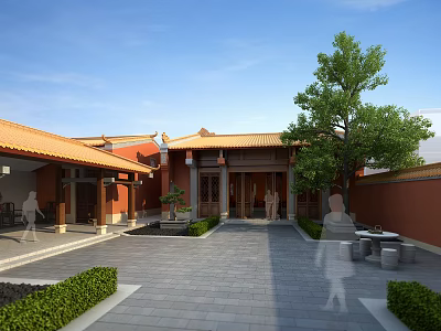 Ancient Chinese Architecture Courtyard With Yellow Tiled Roofs Red Walls And Stone Furnishings 3d model