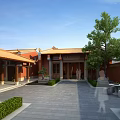 Ancient Chinese Architecture Courtyard With Yellow Tiled Roofs Red Walls And Stone Furnishings