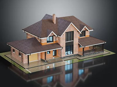 Two Story Brick House With Brown Roof Chimney And Front Porch Design 3d model