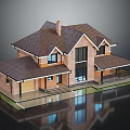 Two Story Brick House With Brown Roof Chimney And Front Porch Design