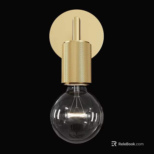 Gold Textured Wall Lamp With Transparent Glass Bulb And Round Mounting Plate 3d model 