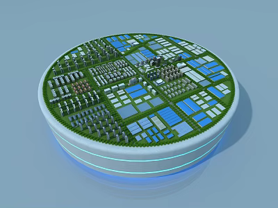 Aerial Planning Circular Layout 3D Model With Buildings Green Spaces And Blue Areas 3d model