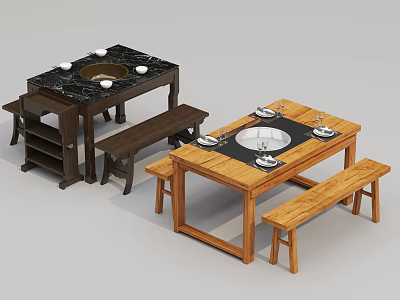 Wooden Benches For Dining With Light And Dark Tables And White Bowls Plates 3d model