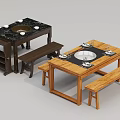 Wooden Benches For Dining With Light And Dark Tables And White Bowls Plates