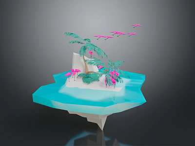 Tropical Floating Island Landscape with Blue Water Palm Trees Pink Flamingos and Flying Pink Birds 3d model