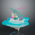 Tropical Floating Island Landscape with Blue Water Palm Trees Pink Flamingos and Flying Pink Birds