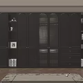 Modern Dark Brown Wardrobe With Glass Doors Storage Shelves Drawers On Wooden Floor And Rug
