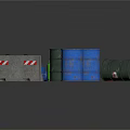 Blue And Green Industrial Barrels With Road Barrier And Cardboard Box