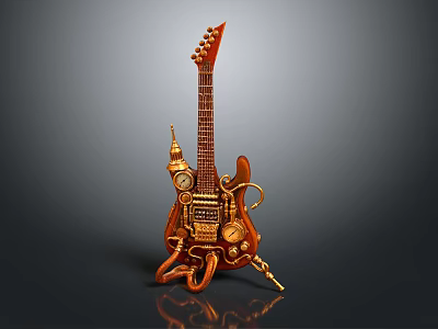 Steampunk Style Electric Guitar With Intricate Mechanical Parts And Vintage Brass Design 3d model