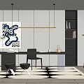 Modern Study Desk and Chair Bookcase Low Stool Chandelier Floor Lamp Green Plant Potted Plant Carpet 3d model