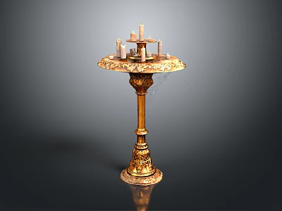 Elegant Golden Pedestal Table With Decorative Candles On Top And Intricate Carved Decorations 3d model