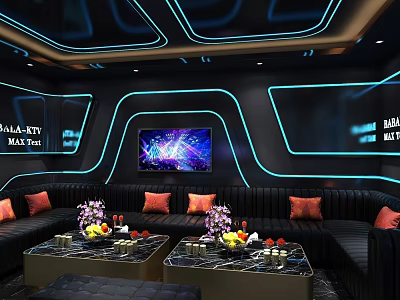 Modern Neon Lit KTV Lounge With Comfortable Sofa TV Screen And Fruit Platter Tables 3d model