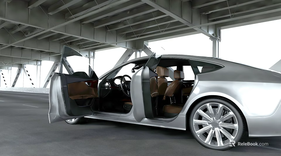 Silver Car With Open Doors Displaying Brown Interior Seats And Modern Cockpit Design 3d model 