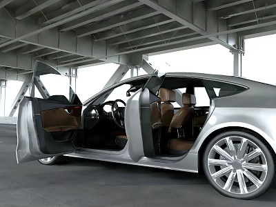 Silver Car With Open Doors Displaying Brown Interior Seats And Modern Cockpit Design 3d model