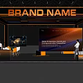 Brand Name Exhibition Booth Modern Design With Colorful Overhead Lighting Reception Desk And Display Screens