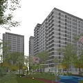 Modern High Rise Residential Building With Green Surroundings Trees Lawns And Children's Playground