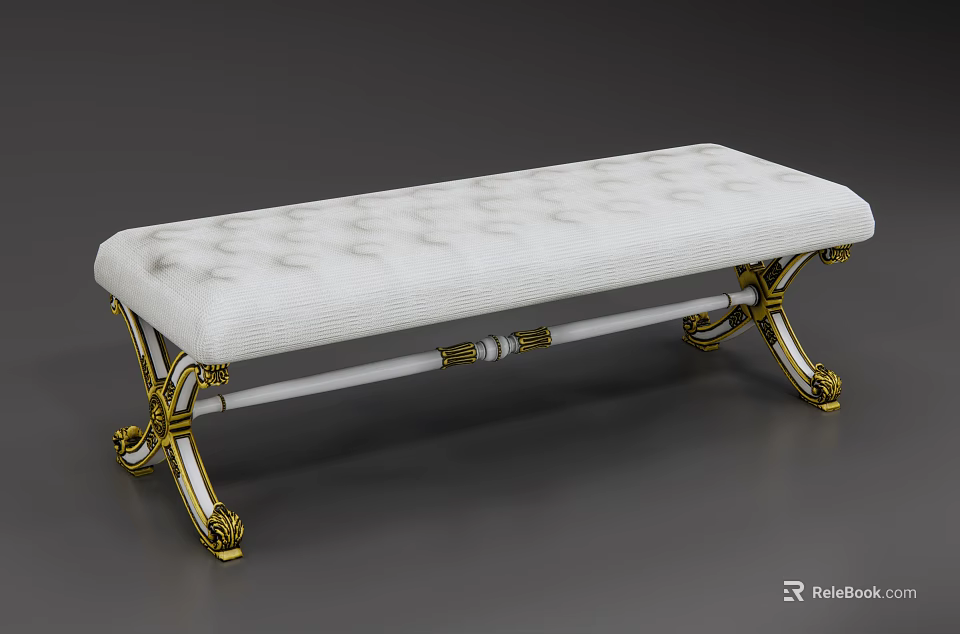 Elegant White Upholstered Tufted Sofa Bench With Golden Decorative Metal Legs 3d model 
