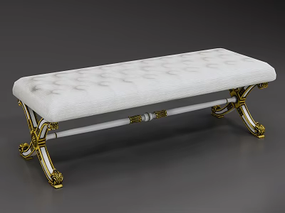 Elegant White Upholstered Tufted Sofa Bench With Golden Decorative Metal Legs 3d model