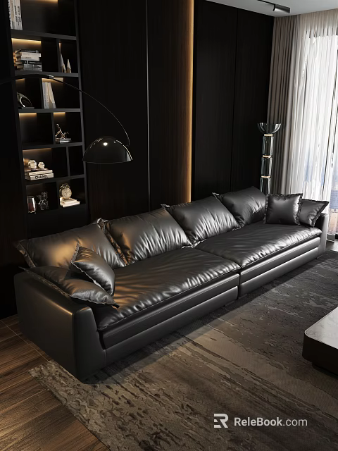 Black Leather Double Sofa In Modern Living Room With Dark Wood Wall And Shelf Decor 3d model 