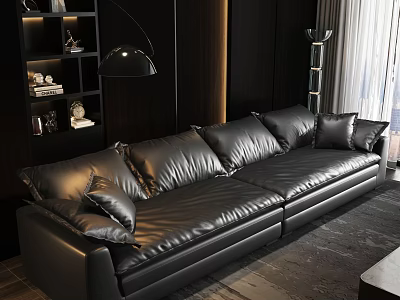 Black Leather Double Sofa In Modern Living Room With Dark Wood Wall And Shelf Decor 3d model