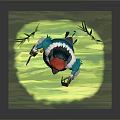 Cartoon Parrot With Blue Feathers Red Hat And White Scarf Holding Axe On Green Grass